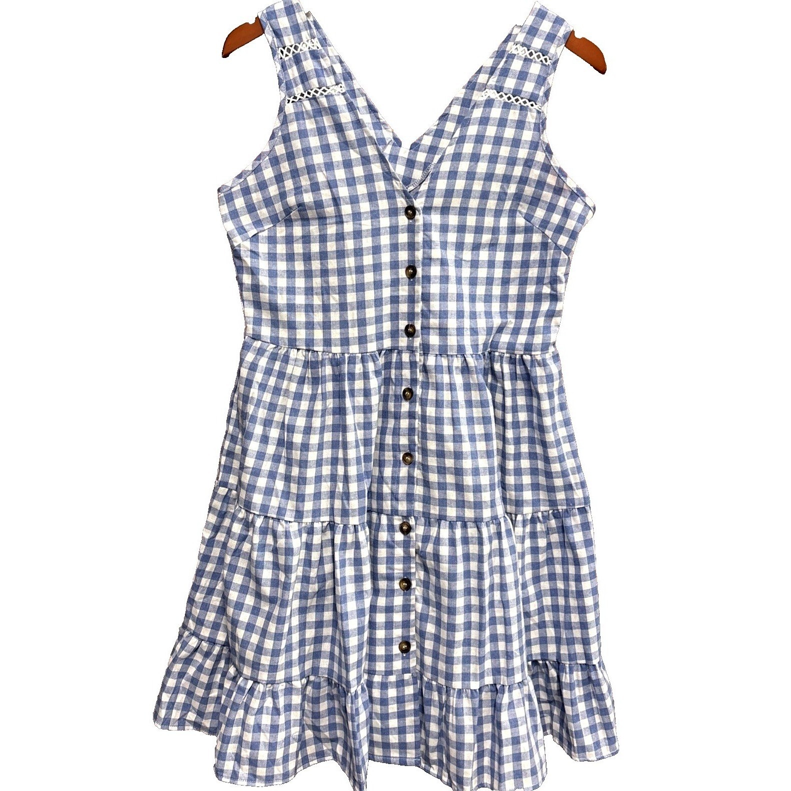 Shein Women's Gingham Check V-Neck Dress Size Small Blue White Ruffled Hem
